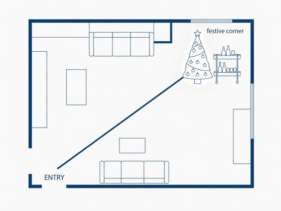 Flat vector architectural blueprint showing entry sightline leading diagonally across a living room to a lit festive corner and beverage cart