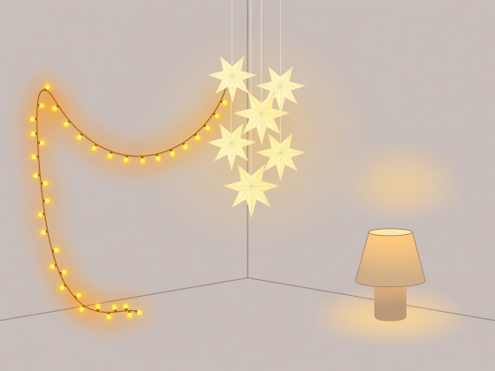 Flat vector diagram comparing 2200K amber fairy lights, 2400K paper star lanterns, and 2700K shaded lamps in a corner setup