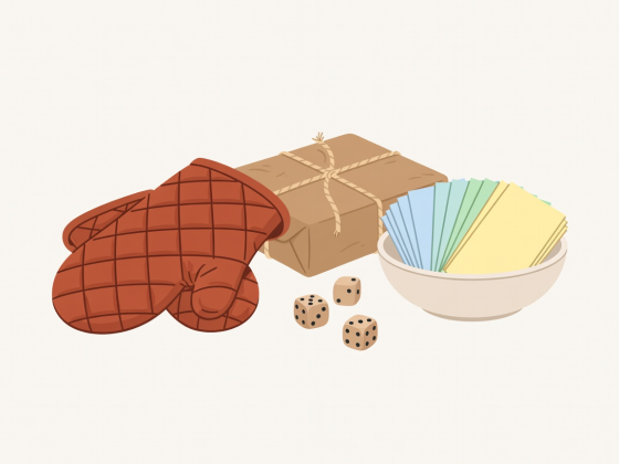 Flat vector illustration of Christmas party game props including quilted terracotta oven mitts, a twine-wrapped parcel, wooden dice, and a bowl of story cards