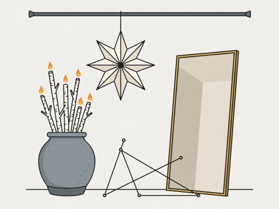 Flat vector illustration showing a weighted ceramic crock with lit birch branches, a hanging paper star on a curtain rod, and an angled brass mirror