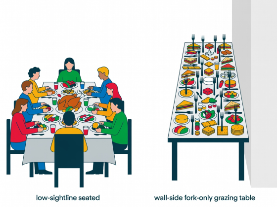 Flat vector comparison of a low-sightline seated Christmas dinner setting and a wall-side fork-only grazing table