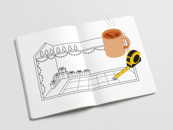 Flat vector illustration of an architect's planning notebook showing a hand-drawn Christmas corner blueprint alongside a mug of spiced cider and a tape measure
