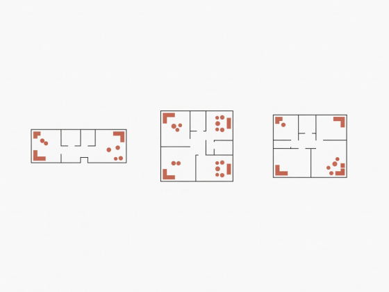 Flat vector comparison of narrow parlor, square apartment, and studio floor plans with terracotta markers showing corner seating and food zones